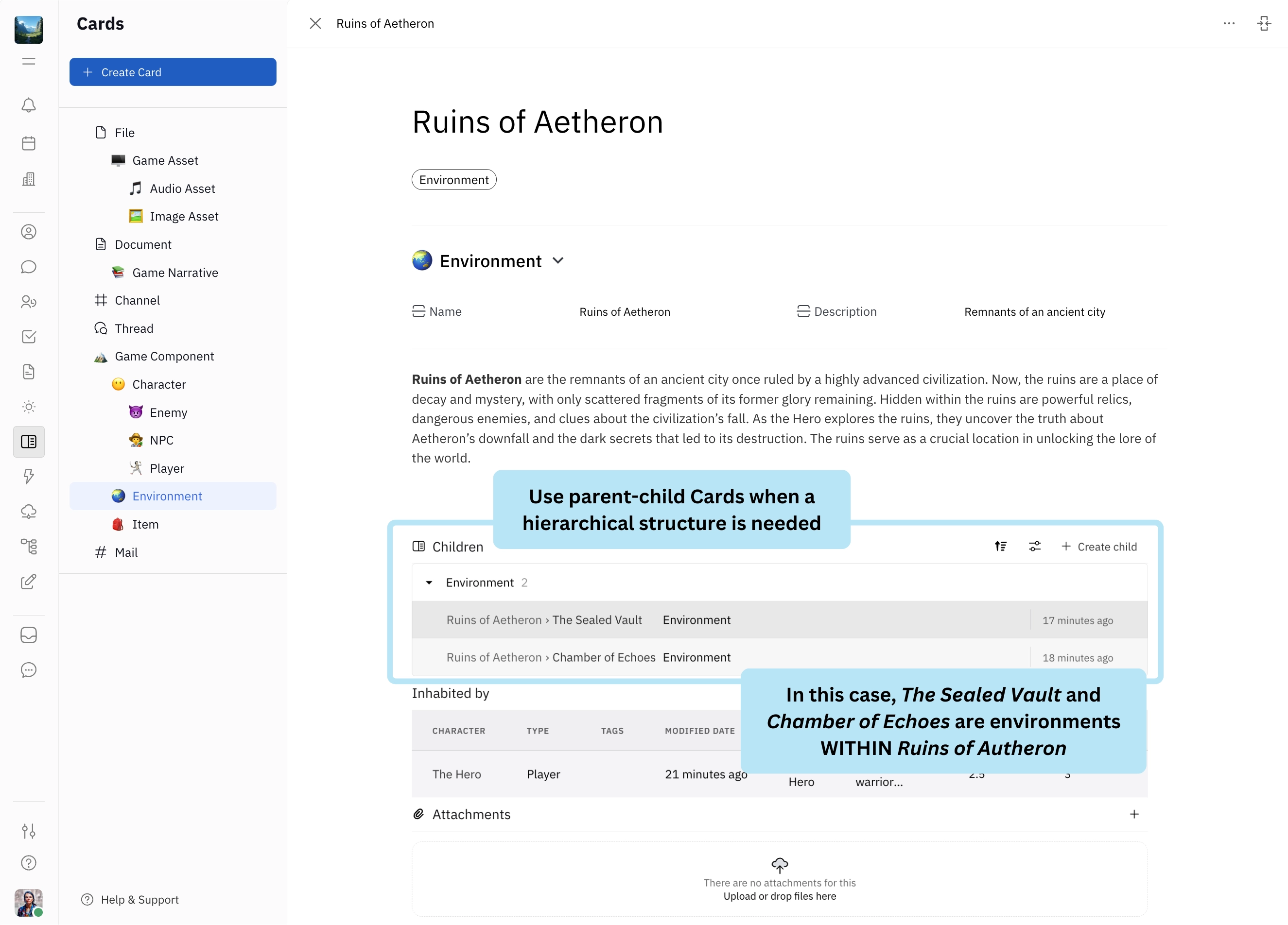 Example of parent-child cards