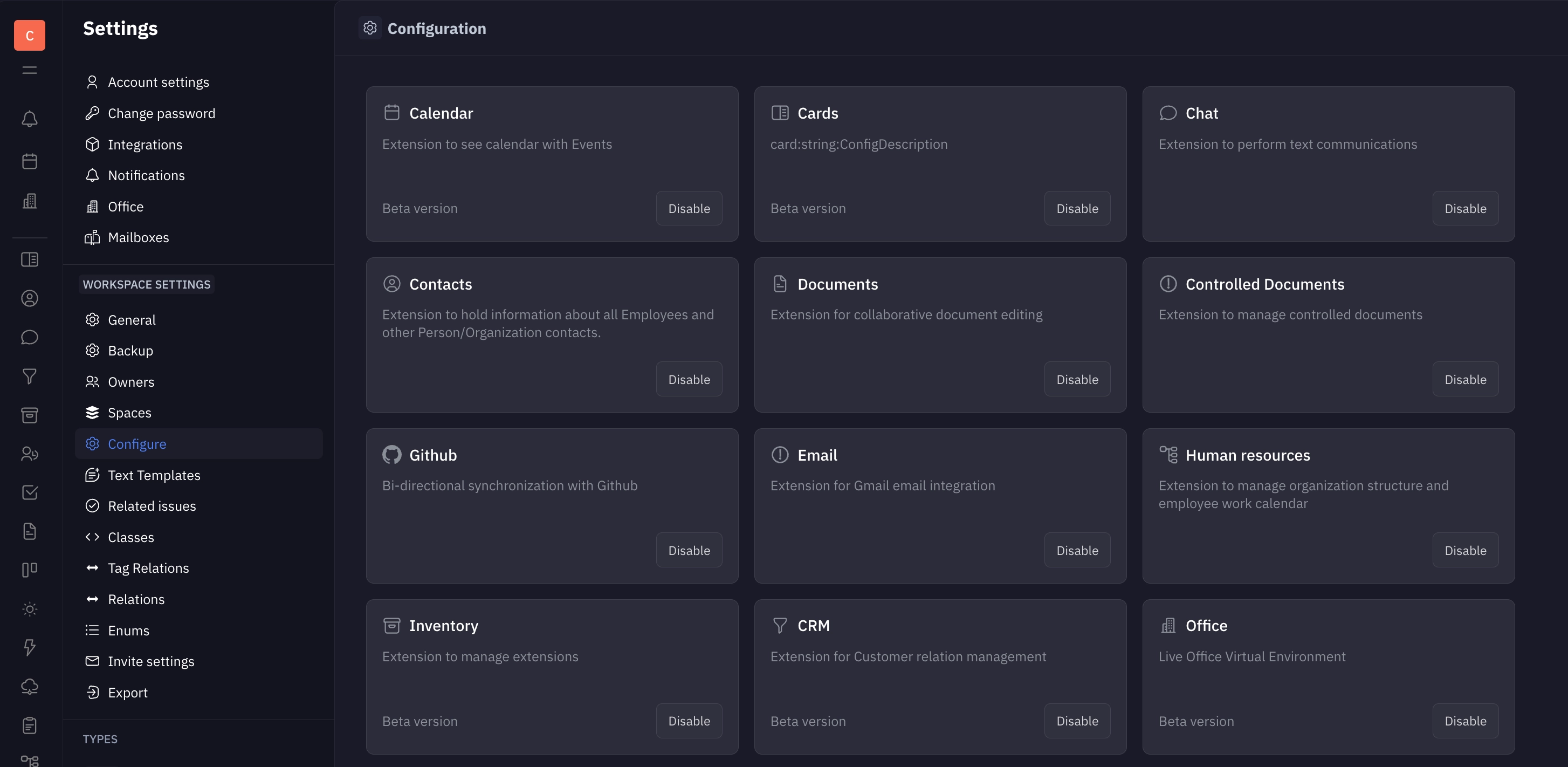 Settings for configuring modules