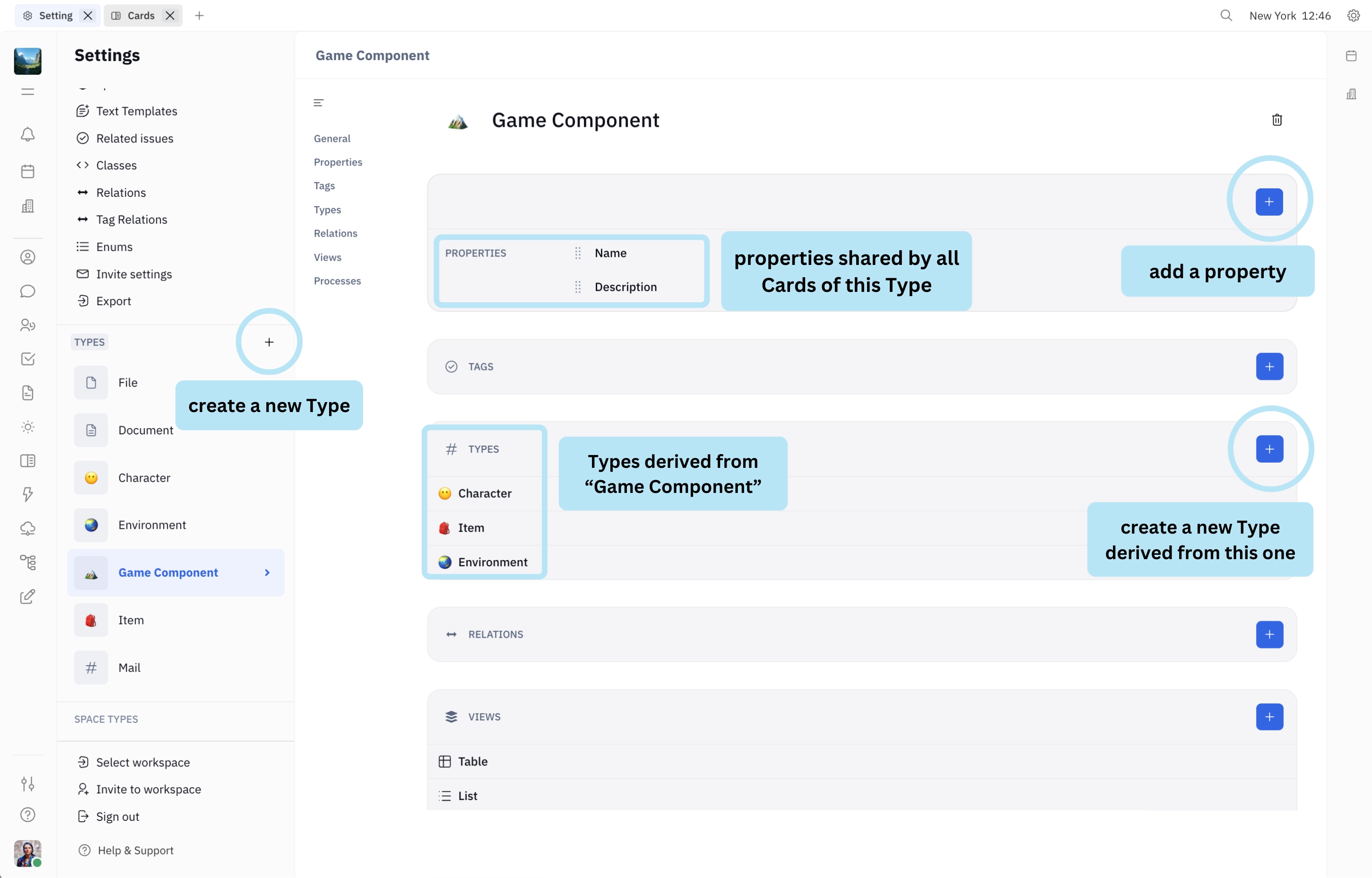 Overview of Types settings